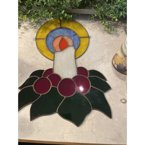 Vintage Stained Glass Christmas Window Leaded Glass Light Catcher Candle Large - Picture 6 of 8